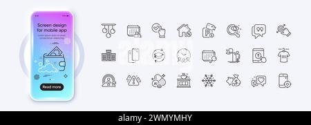 Air conditioning, Calendar and Checkbox line icons for web app. Pictogram icon. Phone mockup gradient screen. Vector Stock Vector