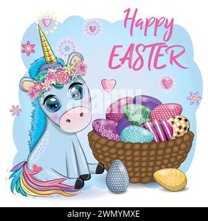 Easter unicorn cartoon character with easter egg, postcard Stock Vector