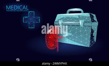 3D human kidneys transplantation case. Red low poly kidneys anatomy organ. Polygonal donor medicine patient help donation vector illustration. Stock Vector