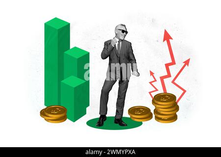 Composite graphics collage image of old happy man dance luck profit earnings increase progress upward arrow diagram coins isolated on white color Stock Photo