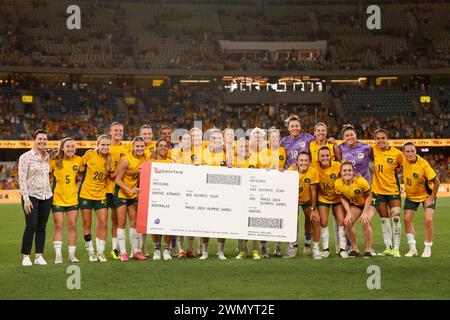 Melbourne, Australia. 29th Feb, 2024. The Australian team celebrates after they won the match against Uzbekistan in the AFC Women's Paris 2024 Olympic Qualifier Round 3 match between Australia and Uzbekistan at Marvel Stadium. Australia won the match 10-0. Credit: SOPA Images Limited/Alamy Live News Stock Photo