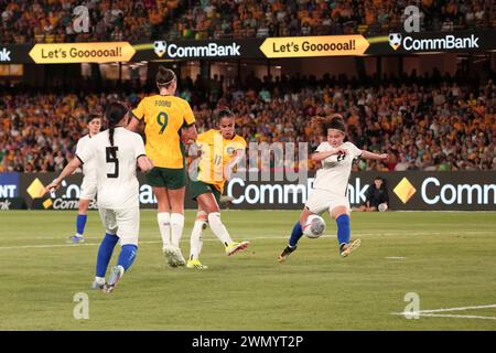 Melbourne, Australia. 29th Feb, 2024. Mary Fowler of Australia seen in action during the AFC Women's Paris 2024 Olympic Qualifier Round 3 match between Australia and Uzbekistan at Marvel Stadium. Australia won the match 10-0. Credit: SOPA Images Limited/Alamy Live News Stock Photo