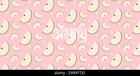 Vector seamless pattern with Apples on Pink background. Fruit Slices of varieties, cripps pink, empire, fuji, gala, golden, granny smith. Fresh and He Stock Vector