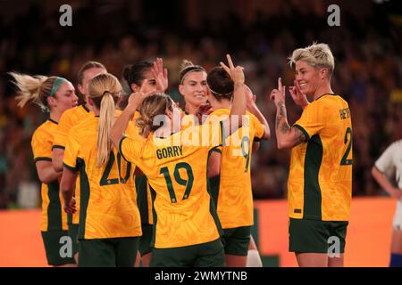 Melbourne, Australia. 29th Feb, 2024. The Australian team celebrates a goal during the AFC Women's Paris 2024 Olympic Qualifier Round 3 match between Australia and Uzbekistan at Marvel Stadium. Australia won the match 10-0. (Photo by George Hitchens/SOPA Images/Sipa USA) Credit: Sipa USA/Alamy Live News Stock Photo