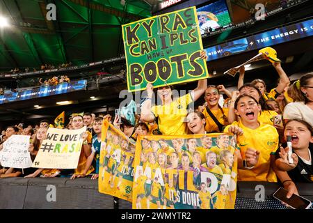 Melbourne, Australia. 29th Feb, 2024. Fans celebrate after the Australian Women's Paris 2024 Olympic Qualifier Round 3 match between Australia and Uzbekistan at Marvel Stadium. Australia won the match 10-0. (Photo by George Hitchens/SOPA Images/Sipa USA) Credit: Sipa USA/Alamy Live News Stock Photo