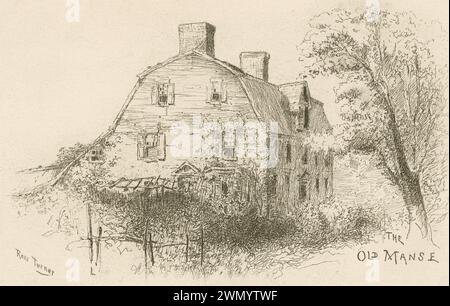 Antique 1883 etching, The Old Manse by Ross Turner. The Old Manse is a historic manse in Concord, Massachusetts, notable for its literary associations. SOURCE: ORIGINAL ETCHING Stock Photo