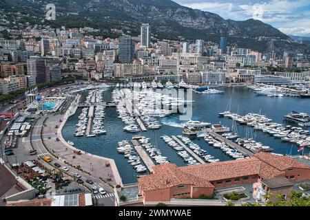 Monte Carlo,Monaco- August 3,2021: A beautiful panoramic view of bay in Monte Carlo in Monaco part of the famous French riviera lined with super luxur Stock Photo