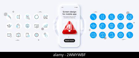 Teamwork, Demand curve and Correct answer line icons. For web app, printing. Phone mockup with 3d danger icon. Vector Stock Vector