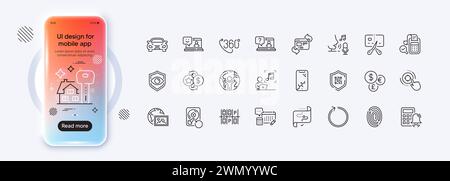 Smartphone broken, Fingerprint and Loop line icons for web app. Pictogram icon. Phone mockup gradient screen. Vector Stock Vector