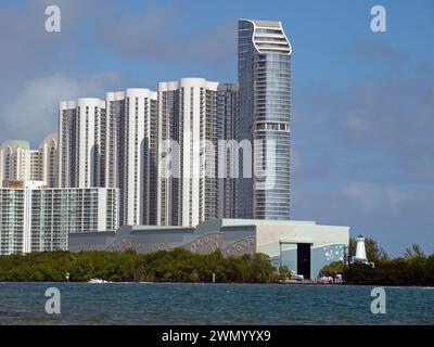 Miami, Florida, United States - January 27, 2024: Building of the Haulover Marine and high rise apartments of Sunny Isles Beach. Stock Photo