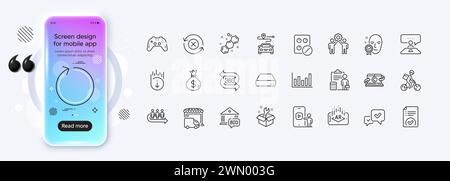 Chemical formula, Loop and Spanner line icons for web app. Pictogram icon. Phone mockup gradient screen. Vector Stock Vector