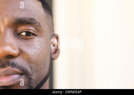 Close-up of an African American man with a thoughtful expression, with copy space Stock Photo