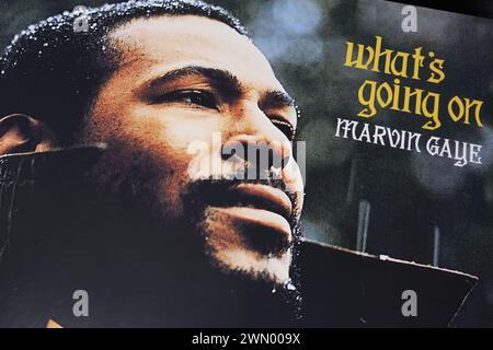 Viersen, Germany - January 9. 2024: Closeup of singer Marvin Gaye vinyl record hit album cover What’s Going On from 1971 Stock Photo