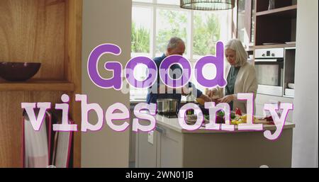 Image of good vibes only text over senior couple in cooking in kitchen Stock Photo