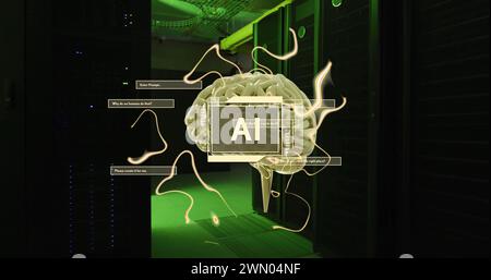 Image of ai text with brain and data processing over computer servers Stock Photo
