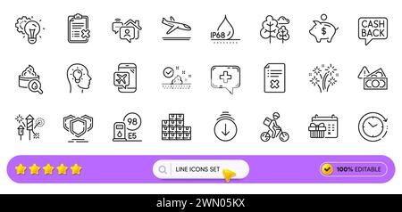 Moisturizing cream, Scroll down and Fireworks rocket line icons for web app. Pictogram icon. Line icons. Vector Stock Vector