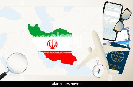 Iran map and flag, cargo plane on the detailed map of Iran with flag, passport, magnifying glass and airplane. Vector template. Stock Vector