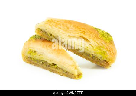 Traditional turkish dessert carrrot slice antep baklava with pistachio isolated on white background. Desserts concept Stock Photo