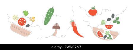 Line fresh vegetables. Colorful monoline vector illustrations for heathy menu, diet. Stock Vector