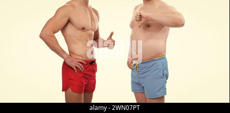 before obesity after slimming of men in studio, thumb up and down. cropped view of men with before obesity after slimming. photo of before obesity aft Stock Photo