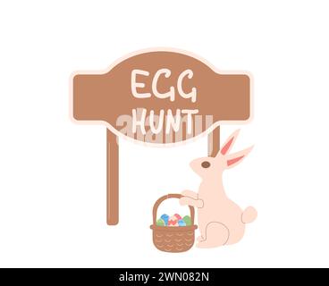 Easter eggs hunt event elements. Bunny with basket of eggs near tab pointer. Spring holiday party symbol with text. Celebration with entertainment. Ve Stock Vector