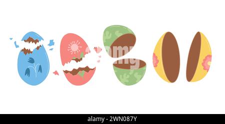 Broken chocolate Easter eggs set isolated on white background. Painted decoration elements. Cracked different holiday design elements. Vector flat ill Stock Vector