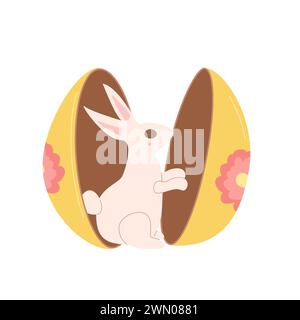 Easter chocolate egg with bunny isolated on white background. Opened spring holiday symbol and rabbit inside. Vector flat illustration. Stock Vector