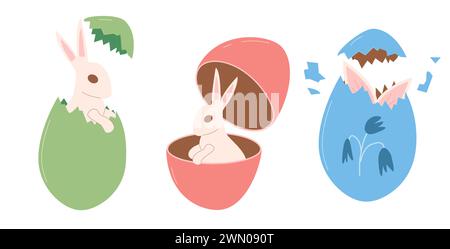 Broken chocolate Easter eggs with bunny set isolated on white background. Cracked different holiday design elements and rabbits inside. Vector flat il Stock Vector