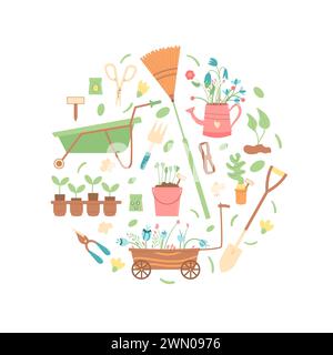 Gardening tools circle composition set isolated on white background. Spring horticulture equipment in round shape. Planting and work in backyard cover Stock Vector