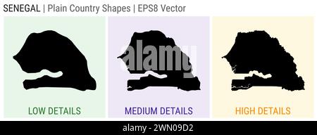 Senegal - plain country shape. Low, medium and high detailed maps of Senegal. EPS8 Vector illustration. Stock Vector