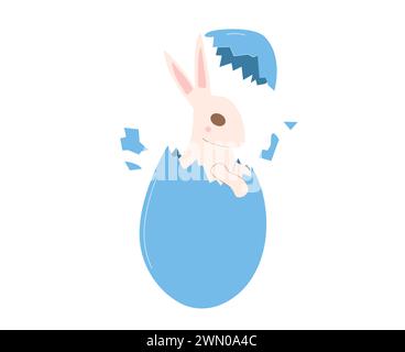 Easter egg with hatched bunny isolated on white background. Opened spring holiday symbol and rabbit inside. Vector flat illustration. Stock Vector