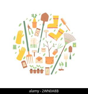 Gardening tools circle composition set isolated on white background. Spring horticulture equipment in round shape. Planting and work in backyard cover Stock Vector