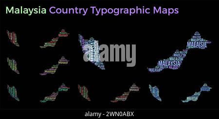 Malaysia. Set of typography style country illustrations. Malaysia map shape build of horizontal and vertical country names. Vector illustration. Stock Vector