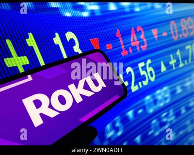Konskie, Poland - February 24, 2024: Roku company logo displayed on mobile phone Stock Photo