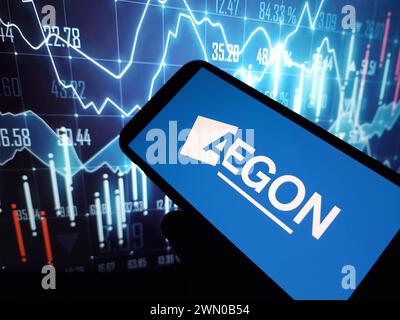Konskie, Poland - February 24, 2024: AEGON company logo displayed on mobile phone Stock Photo
