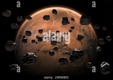 Space station in space between the Moon and Earth. Elements of this ...