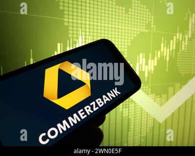 Konskie, Poland - February 24, 2024: Commerzbank company logo displayed on mobile phone Stock Photo