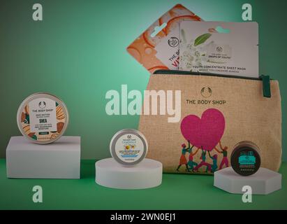 Mansfield,Nottingham,United Kingdom,studio product image of Body Shop personal care products and a bag. Stock Photo