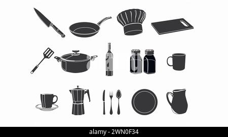 Kitchen Icon Set. Set of black and white isolated illustrations of kitchenware Stock Vector