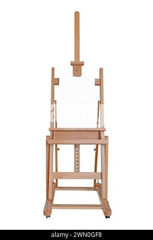 Wooden easel with blank canvas isolated on white background, front view paint desk Stock Photo
