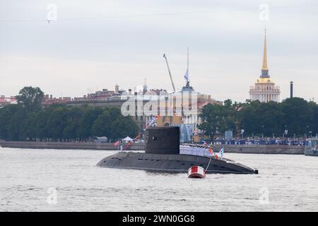 Saint-Petersburg, Russia - July 28, 2017: B-227 Vyborg is a Soviet and Russian diesel-electric submarine of Project 877 Halibut is on the military par Stock Photo