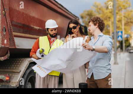 Collaborative Urban Project Planning: Architects and Engineers Discussing Sustainable Design and Profitable Blueprint Stock Photo
