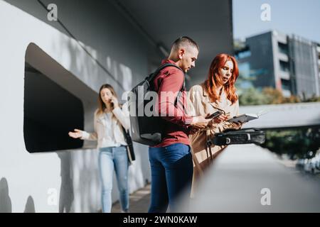 Young professionals in a city collaborating and brainstorming ideas for their start-up team. Engaged in innovative thinking for business expansion. Stock Photo