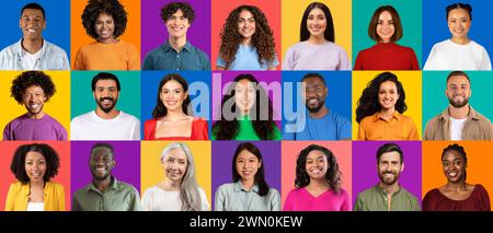 A dynamic grid of multi-ethnic individuals smiles warmly, exuding positivity Stock Photo