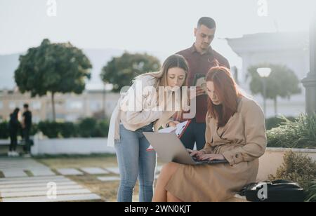 Diverse business professionals collaborating in a urban setting, discussing ideas and making decisions. Focused on profit growth and market research. Stock Photo