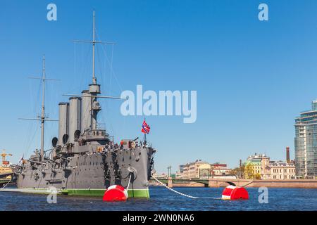 St-Petersburg, Russia - May 21, 2022: Aurora is a Russian protected cruiser, currently preserved as a museum ship is moored in Saint Petersburg, Russi Stock Photo