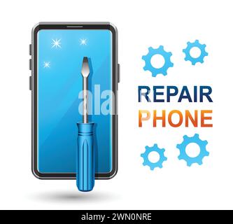 Mobile phone repair service, broken smartphone, tablet devices fix. Technical maintenance center. Telephone or computer electronics renovation. Vector Stock Vector