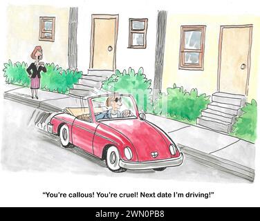 Color cartoon of a man in a sports car with a woman yelling at him.  She is not happy with him and insists on driving on their next date. Stock Photo