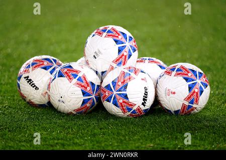 A general view of Mitre footballs on the pitch ahead of the Emirates FA Cup fifth round match at the City Ground, Nottingham. Picture date: Wednesday February 28, 2024. Stock Photo