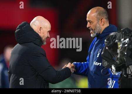 Erik ten Hag, manager of Manchester United shakes hands with Nuno Espirito Santo, Nottingham Forest head coach during the FA Cup Fifth Round match between Nottingham Forest and Manchester United at the City Ground, Nottingham on Wednesday 28th February 2024. (Photo: Jon Hobley | MI News) Credit: MI News & Sport /Alamy Live News Stock Photo